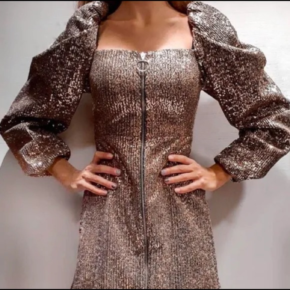 Zara NWT Bloggers Favorite Golden Sequin Puff Sleeve Zipped Party Shimmer Dress - Picture 15 of 16